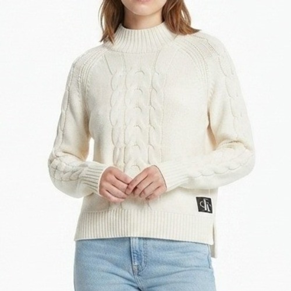 Calvin Klein Jeans Cable Knit Sweater Womens XL White Mock Neck Casual Cozy